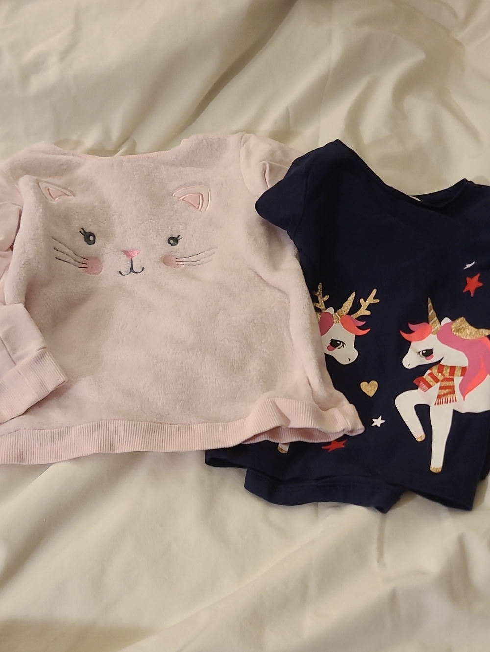 Little Me Pink Plush Cat Top and Navy Unicorn Tee Set